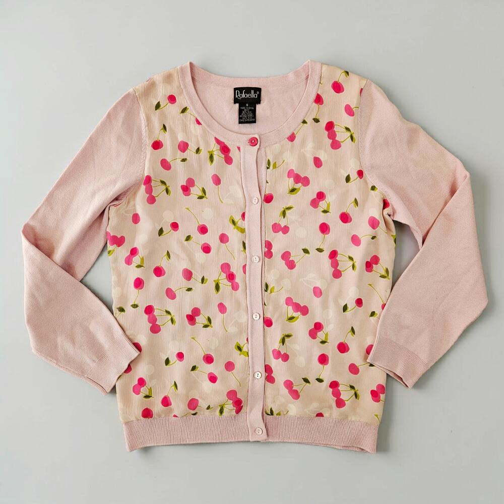 Vintage Cottagecore Cardigan Silk Blend Coquette Cherry Print - Small